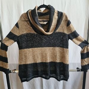 Free People Black and Tan Striped Cowl Neck Sweater